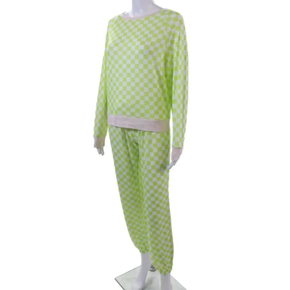 Honeydew Womens Checkered Print Long Sleeve Soft Pajama Set Green Sz XS